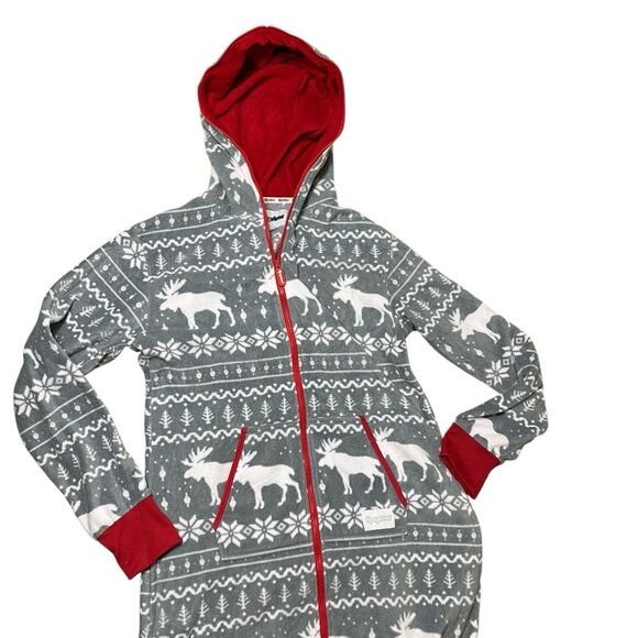 Tipsy Elves One-Piece Adult L Grey Fair Isle Reindeer Hooded Christmas Pajamas - Picture 3 of 11